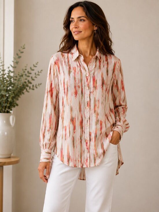 DKNY Tops - DKNY Women’s Sheer Abstract Chiffon Red and White Patterned Shirt Size L